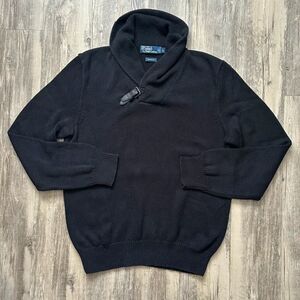 Vintage Polo Ralph Lauren Buckle Shawl Collar Black Knit Sweater Size Large